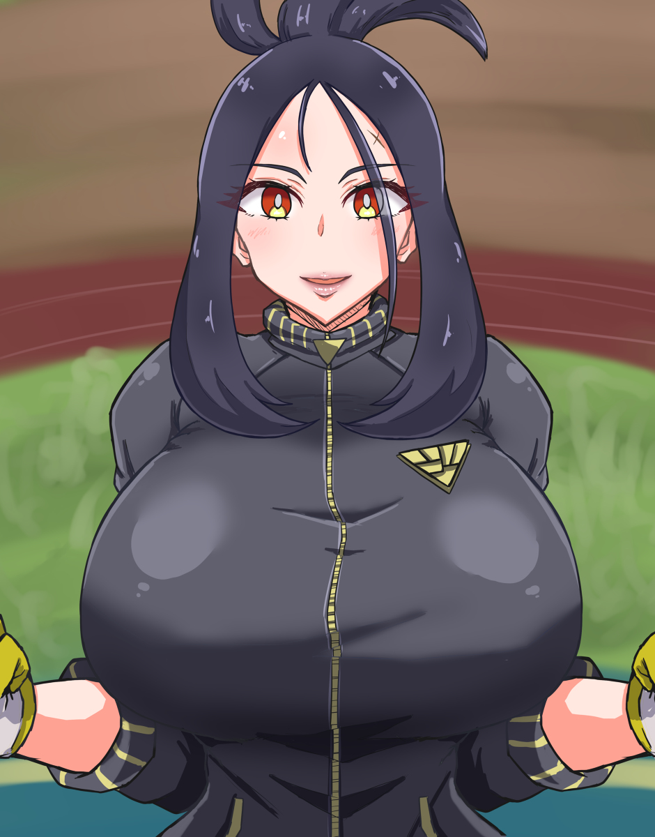 1girl black_hair breasts brown_eyes creatures_(company) cross_scar dendra_(pokemon) game_freak highres large_breasts nintendo pokemon pokemon_sv scar track_suit u_na_765