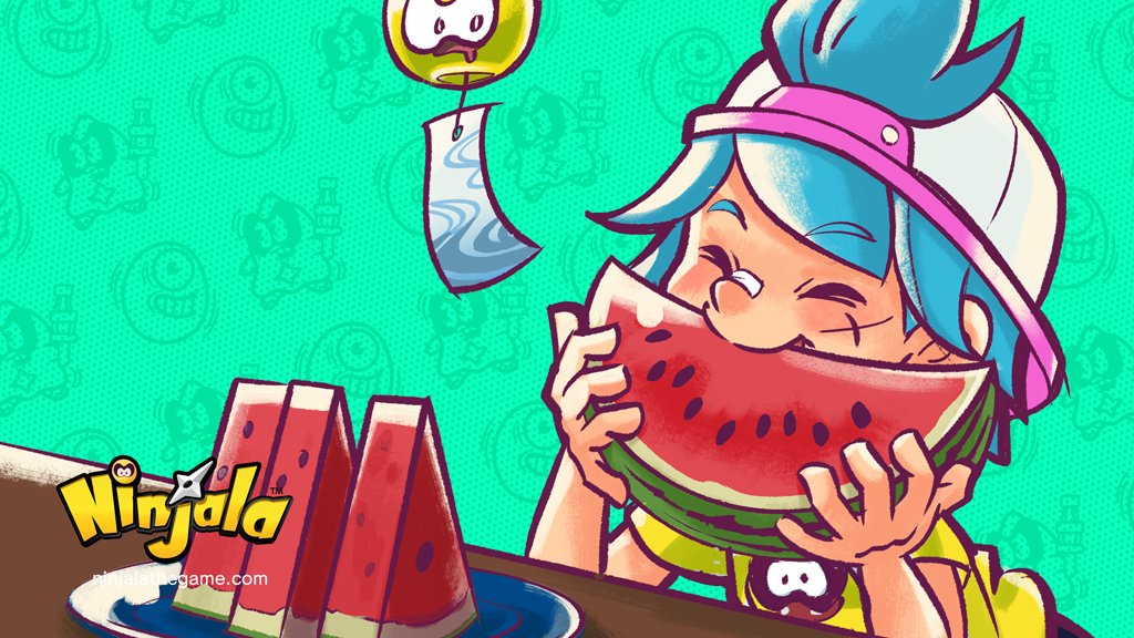 1boy alternate_costume aqua_hair backwards_hat character_backpack character_print child closed_eyes commentary copyright_name copyright_notice eating english_commentary english_text facial_scar food fruit green_background gungho halftone halftone_background hat holding holding_food holding_fruit holding_watermelon kappei_(ninjala) logo medium_hair ninjala nose_tape official_art plate polka_dot print_shirt rianti-wong scar scar_on_cheek scar_on_face second-party_source shirt shuriken simple_background solo summer table watermark watermelon watermelon_slice weapon web_address white_hat wind_chime yellow_shirt yellow_sleeves