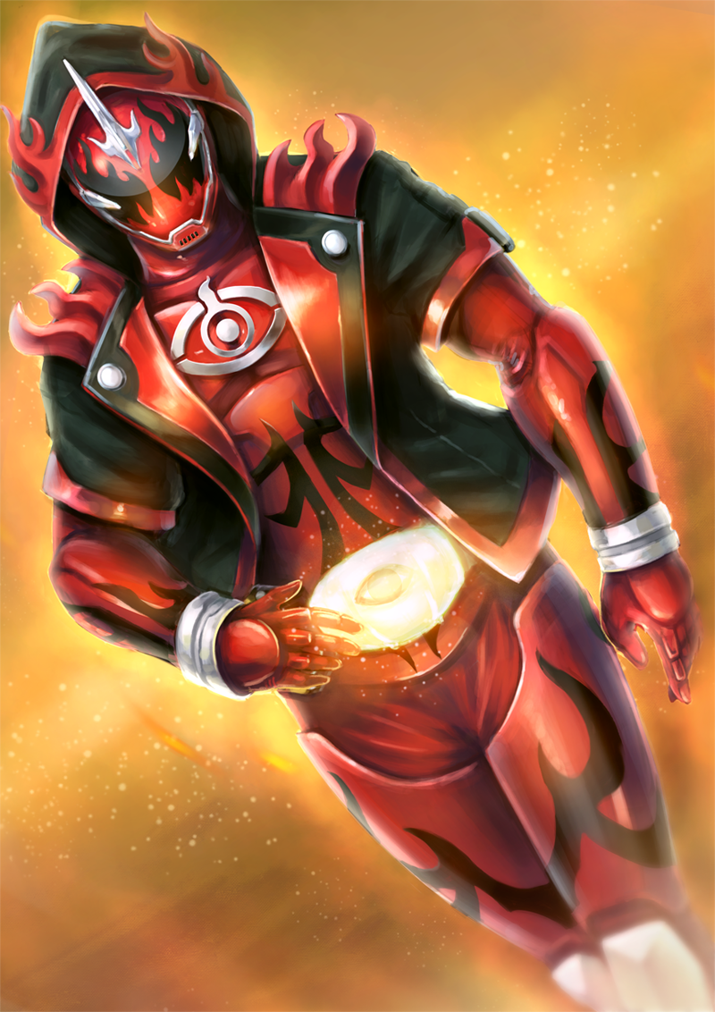 1boy aki7 armor aura black_jacket bodysuit bug cowboy_shot rider_belt firefly flame_print ghost_driver gloves horns insect jacket kamen_rider kamen_rider_ghost kamen_rider_ghost_(series) looking_at_viewer male_focus mask parka powering_up red_armor red_bodysuit red_gloves rider_belt single_horn toucon_boost