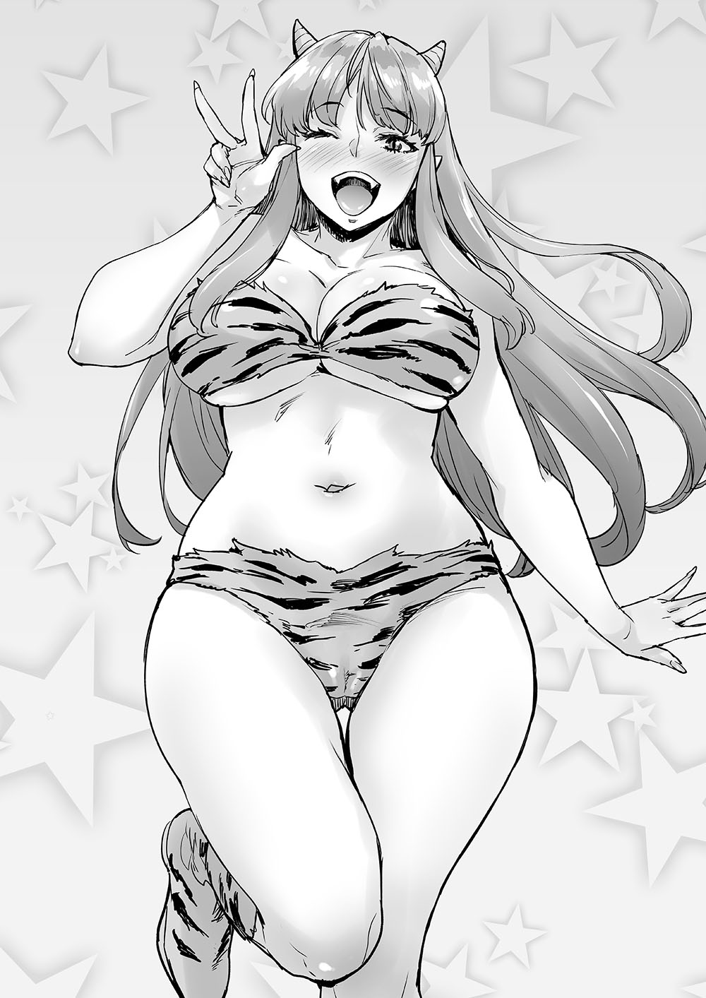 1girl \||/ alternate_breast_size_(larger) animal_print bikini breasts cone_horns greyscale highres horns large_breasts long_hair looking_at_viewer lum monochrome navel one_eye_closed oni pointy_ears small_horns smile solo strapless strapless_bikini swimsuit takurou tiger_panties tiger_print urusei_yatsura v
