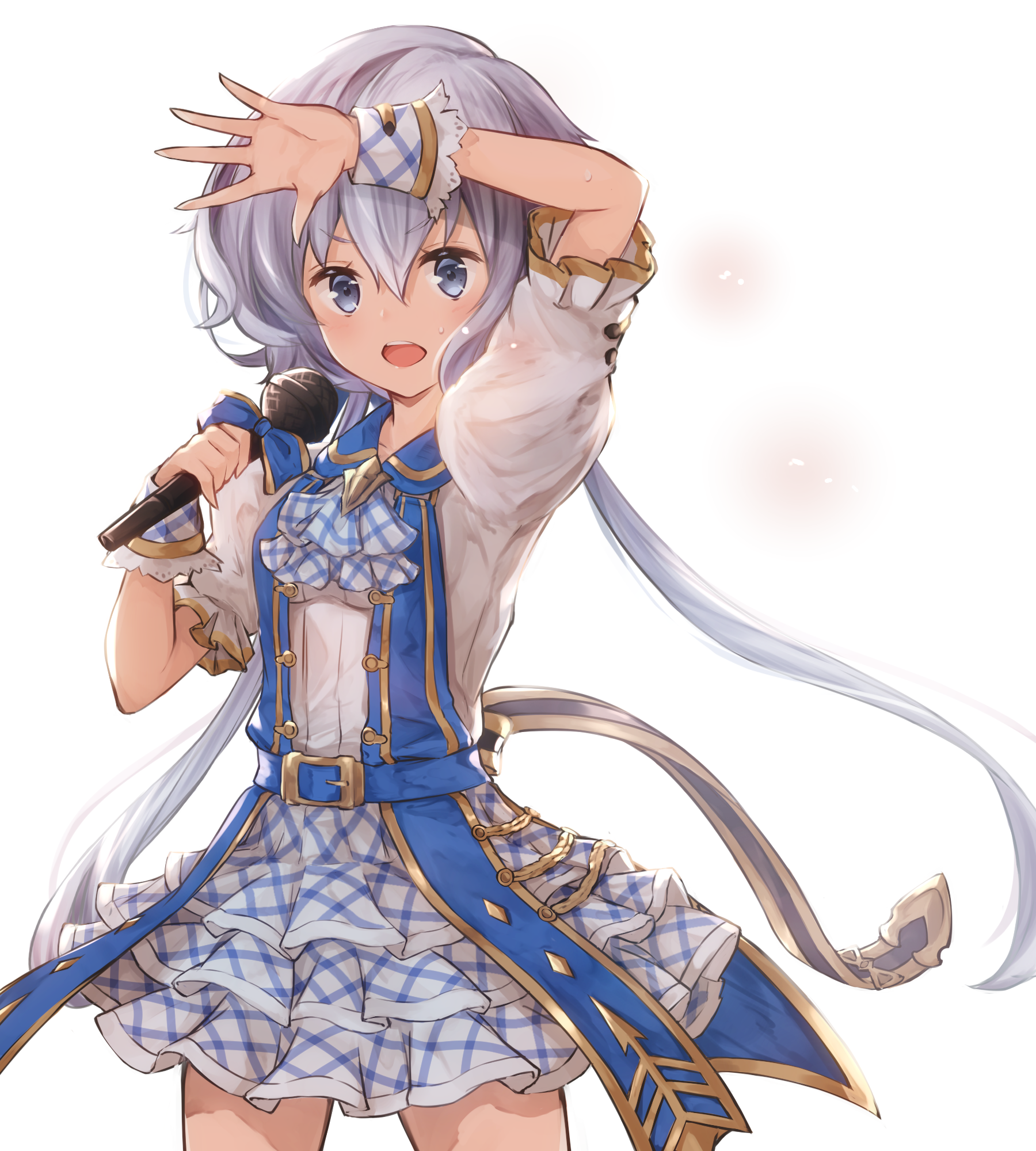 10s 1girl alisia0812 alternate_costume arm_up belt bow female_focus granblue_fantasy grey_eyes highres idol kimi_to_boku_no_mirai konno_junko long_hair looking_at_viewer low_twintails microphone open_mouth open_palm puffy_sleeves short_sleeves silver_hair skirt solo twintails very_long_hair white_background wrist_cuffs zombie_land_saga