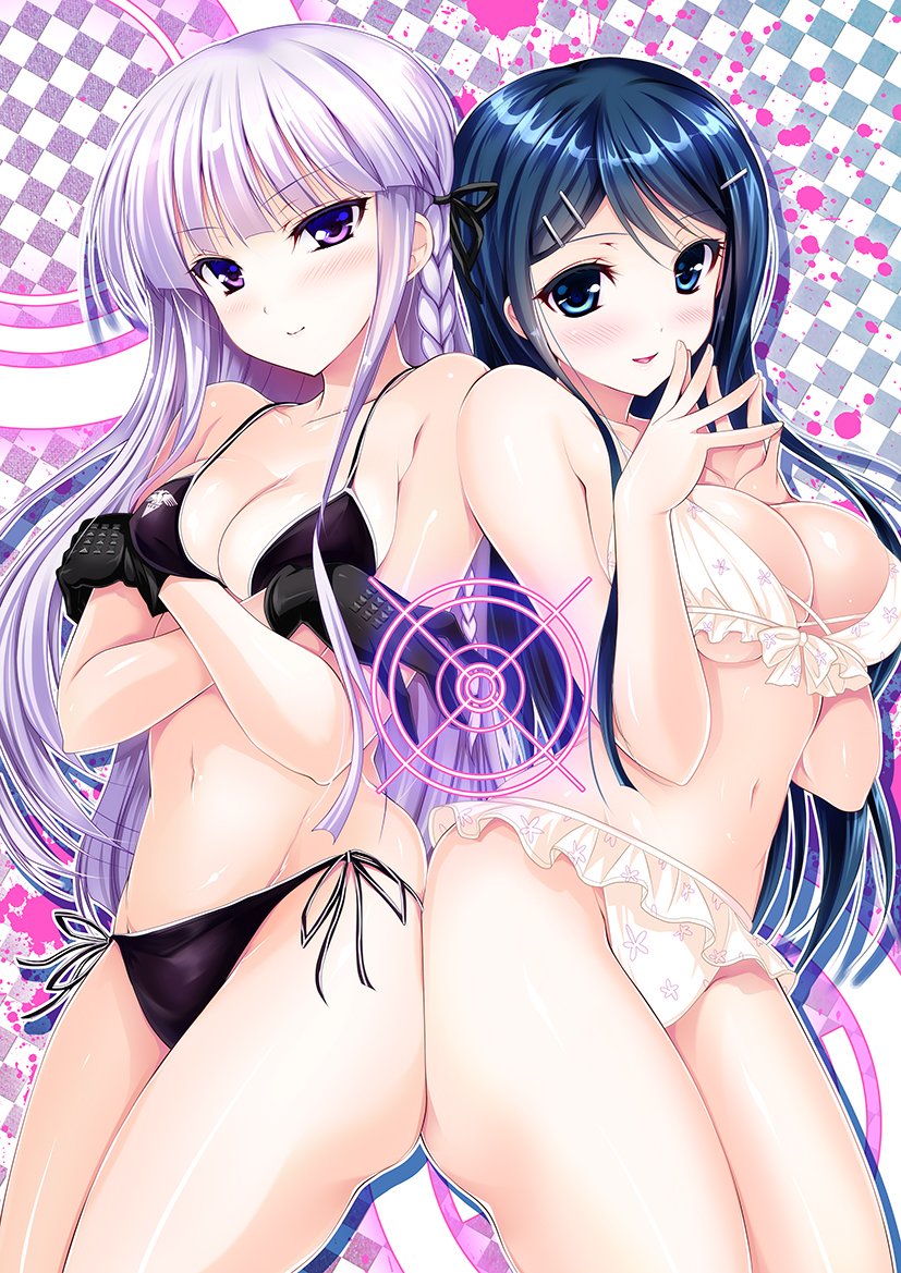 10s 2girls arms_under_breasts ass-to-ass back-to-back bare_shoulders bikini bikini_skirt black_bikini black_gloves black_vs_white blue_eyes blue_hair blunt_bangs blush braid breast_lift breasts breasts_squeezed_together checkered_background cleavage closed_mouth collarbone cowboy_shot crossed_arms crosshair danganronpa:_trigger_happy_havoc danganronpa_(series) drop_shadow female_focus fingernails fingers_together floral_print frilled_bikini frills front-tie_bikini_top front-tie_top gloves groin hair_between_eyes hair_ornament hairclip hip_focus kirigiri_kyoko large_breasts long_hair long_image looking_at_viewer lowleg lowleg_bikini maizono_sayaka medium_breasts multiple_girls navel ninoko open_mouth own_hands_together print_bikini purple_eyes purple_hair shadow shiny_skin side-tie_bikini_bottom side_braid sidelocks single_braid smile spiked_gloves string_bikini swimsuit tall_image thighs underboob white_background white_bikini