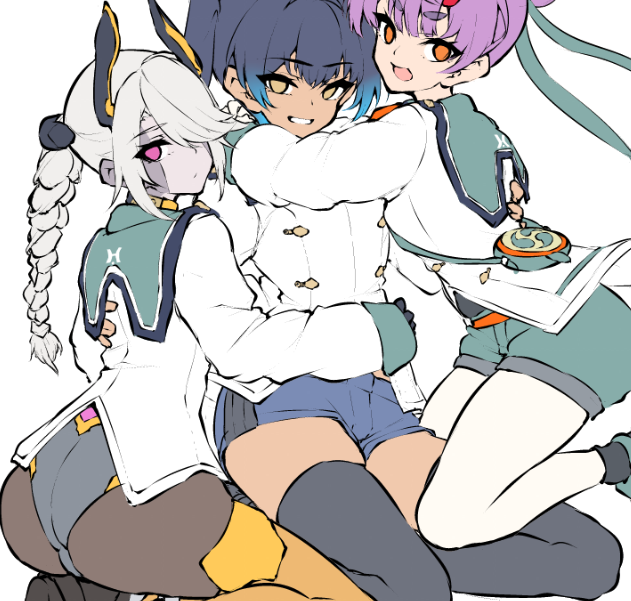 3girls ass blue_hair braid breasts brown_eyes fiery_hair fiona_(xenoblade) gloves glowing_lines horns leotard looking_at_viewer multiple_girls segiri_(xenoblade) sena_(xenoblade) shorts side_ponytail siebolds_demon small_breasts smile xenoblade_chronicles_(series) xenoblade_chronicles_3
