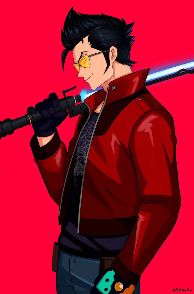 1boy black_hair black_shirt blue_pants commentary cowboy_shot denim energy_sword highres jacket male_focus no_more_heroes_3 pants red_background red_jacket shirt simple_background smgold solo sword tinted_eyewear travis_touchdown weapon yellow-tinted_eyewear