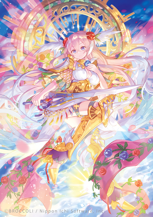 1girl ahoge angel_wings armor armored_boots blue_eyes boots breasts cleavage cleavage_cutout clothing_cutout cloud cloudy_sky dress energy_wings flower gradient_wings hair_between_eyes hair_flower hair_ornament holding holding_sword holding_weapon ibara_riato large_breasts long_hair michael_(z/x) multicolored_wings official_art pink_hair shoulder_armor sky solo sword thigh_strap weapon white_dress wing_ears wings z/x