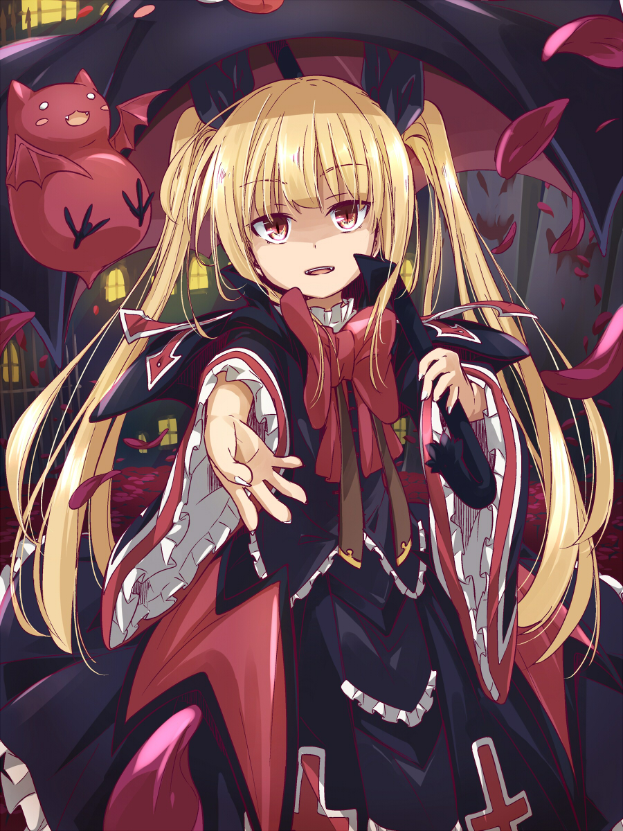 1girl arc_system_works bad_id bad_pixiv_id blazblue blonde_hair dress female_focus gii highres holding kareha_aki long_hair open_mouth outstretched_arm pink_eyes rachel_alucard slit_pupils solo twintails umbrella