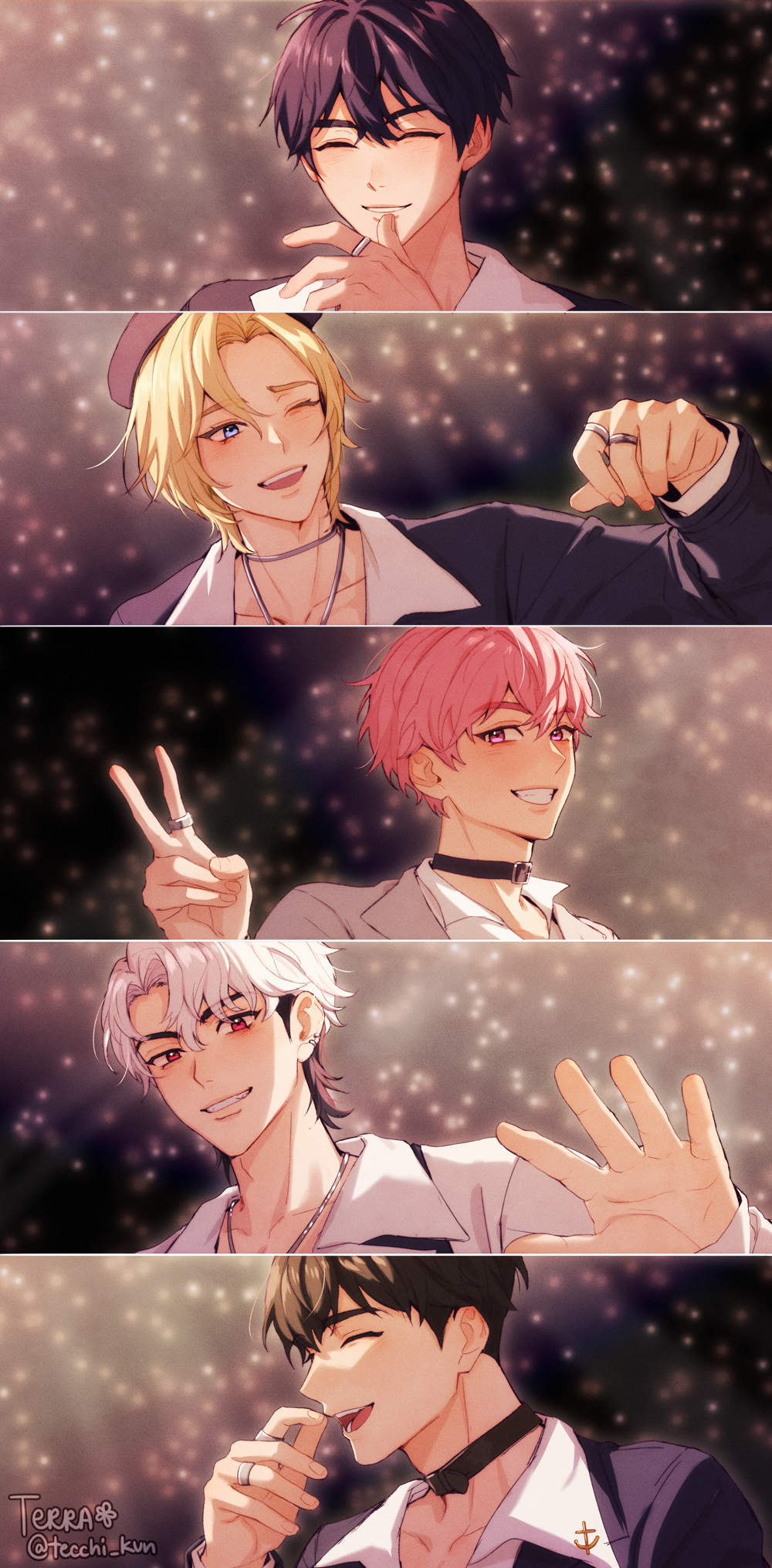 5boys bamby_(plave) black_choker black_hair black_jacket blonde_hair blue_eyes choker closed_eyes eunho_(plave) hamin_(plave) hand_on_own_face highres idol jacket jewelry k-pop light_particles light_rays looking_at_another medium_hair multiple_boys multiple_rings necklace noah_(plave) one_eye_closed open_mouth outstretched_hand pink_eyes pink_hair plave red_eyes ring shirt short_hair smile stage_lights tecchi_kun v white_hair white_shirt yejun_(plave)
