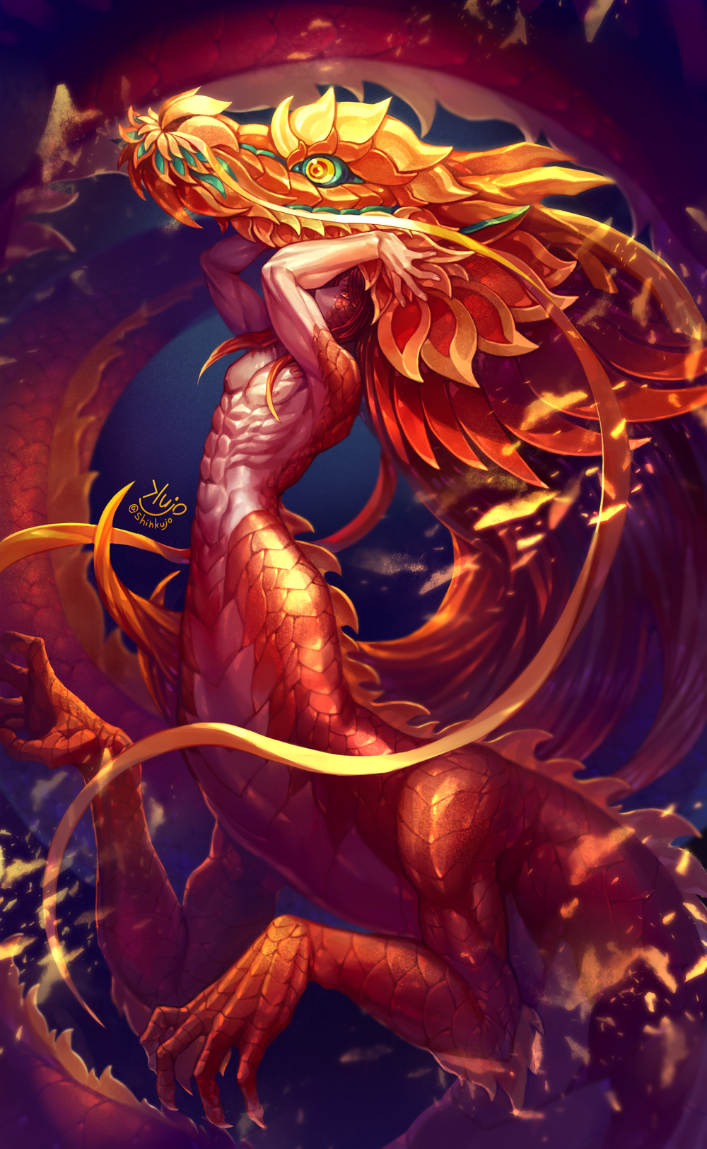 1boy abs arms_up blurry blurry_background chinese_zodiac commentary_request dragon dragon_boy dragon_mask eastern_dragon embers highres holding holding_mask long_hair looking_up male_focus mask monster_boy muscular muscular_male nude orange_eyes orange_scales original red_hair red_scales shinku_castle solo very_long_hair year_of_the_dragon