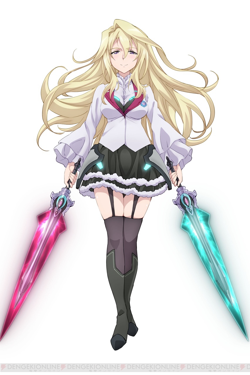 10s 1girl armor black_boots black_thighhighs blazer blonde_hair blue_eyes boots breasts claudia_enfield dengeki dual_wielding faulds female_focus floating_hair full_body fur_trim gakusen_toshi_asterisk garter_straps glowing glowing_sword glowing_weapon hair_between_eyes hair_intakes half-closed_eyes highres holding holding_weapon jacket kawakami_tetsuya large_breasts light_smile long_hair long_sleeves looking_at_viewer neon_trim official_art school_uniform skirt smile solo standing sword thigh_boots thighhighs transparent_background turtleneck very_long_hair weapon wide_sleeves zettai_ryouiki