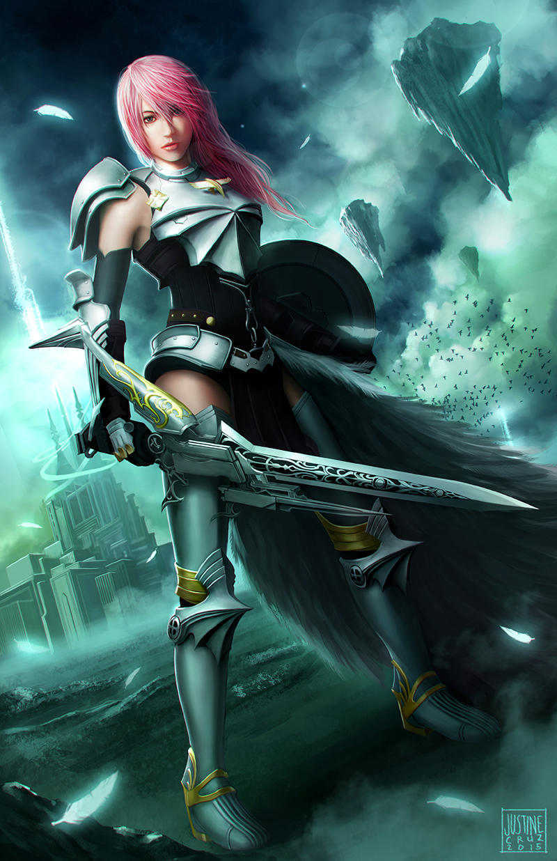 1girl armor blue_eyes building cloud feathers final_fantasy final_fantasy_xiii floating_island gauntlets highres holding holding_shield holding_sword holding_weapon justinetutubi leg_armor lightning_farron long_hair looking_at_viewer pink_hair shield shoulder_armor solo sword weapon