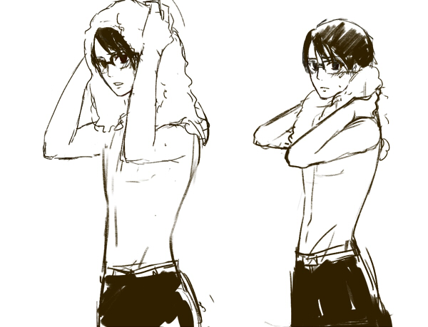 1boy blush cowboy_shot drying drying_hair drying_own_hair glasses kalalaka looking_at_viewer male_focus monochrome nishimi_kaoru sakamichi_no_apollon short_hair shy simple_background solo topless_male towel towel_around_neck wet white_background