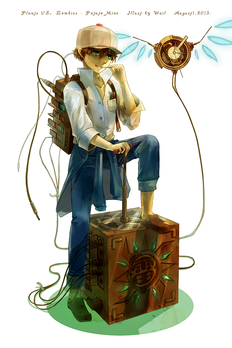 1boy 2013 artist_name character_name copyright_name dated green_eyes hat male_focus orange_hair personification plants_vs._zombies potato_mine_(plants_vs._zombies) solo teeth wail_(wailwind) white_background