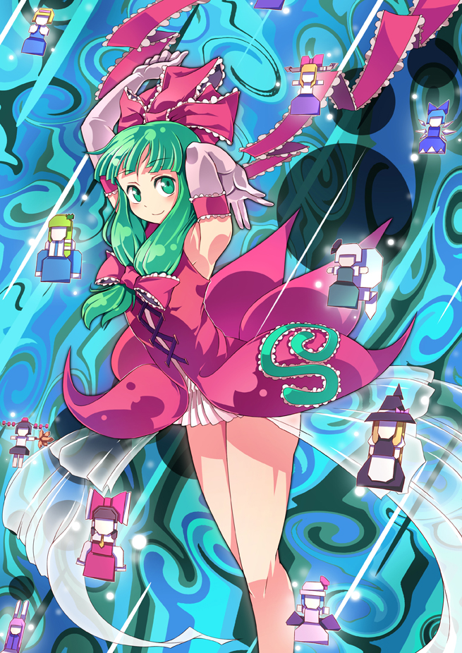 1girl adapted_costume alice_margatroid armpits bare_legs bow character_doll cirno doll dress elbow_gloves female_focus frills front_ponytail gloves green_hair hair_bow hair_ornament hair_ribbon hakurei_reimu ibuki_suika izayoi_sakuya kagiyama_hina kirisame_marisa kochiya_sanae konpaku_youmu long_hair looking_at_viewer reisen_udongein_inaba remilia_scarlet ribbon shameimaru_aya short_dress smile solo touhou xin_yu_hua_yin zxyon2008