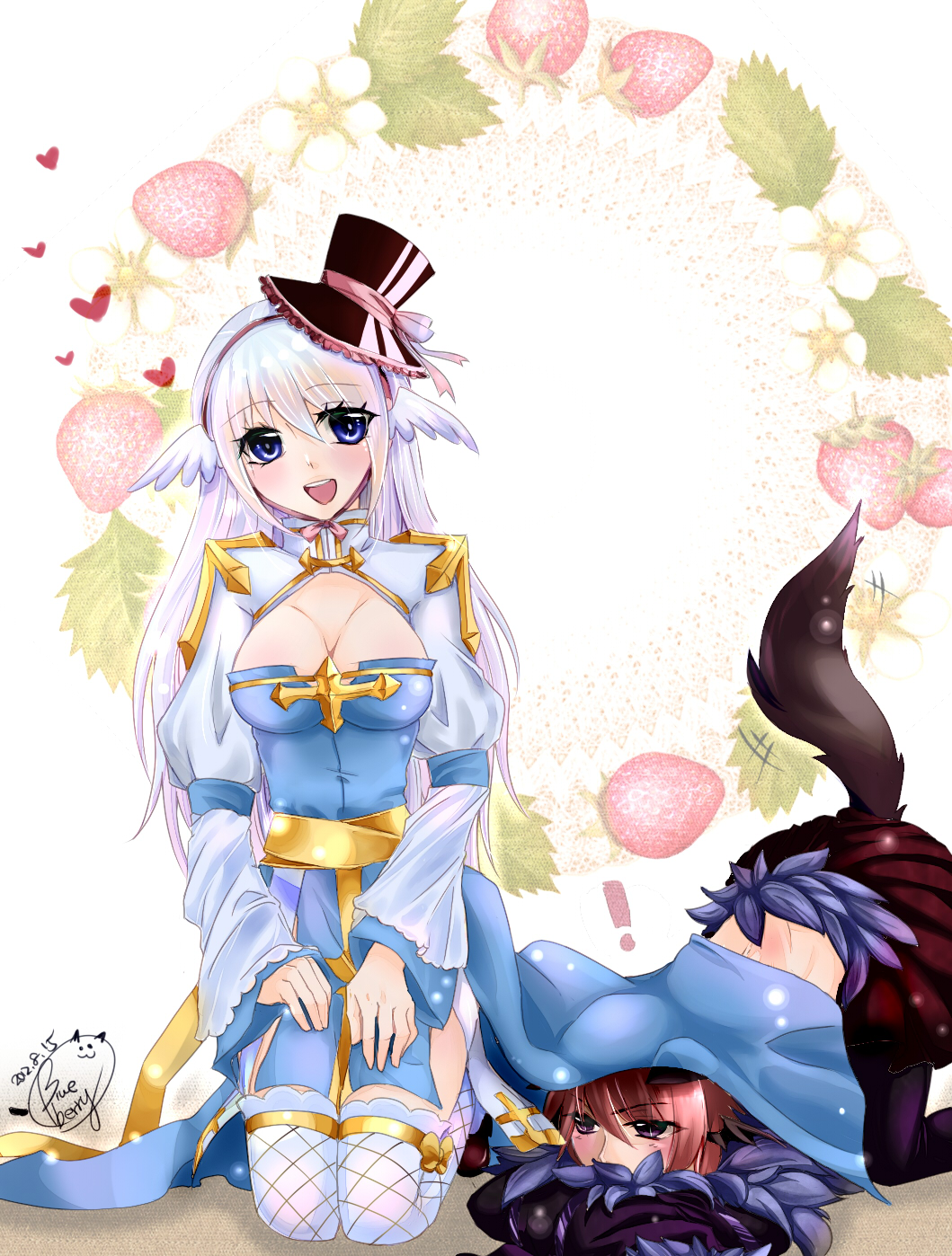 ! 1boy 1girl all_fours animal_ears arch_bishop_(ragnarok_online) black_pants blue_dress blue_eyes blush breasts brown_cape cape cleavage cleavage_cutout clothing_cutout commentary_request cross dress ear_wings fishnet_thighhighs fishnets food frilled_hat frills fruit full_body hair_between_eyes hairband hat highres juliet_sleeves lanmei_jiang long_hair long_sleeves looking_at_viewer medium_breasts open_mouth pants pink_hair pink_hairband puffy_sleeves purple_eyes ragnarok_online sash seiza shadow_chaser_(ragnarok_online) short_hair sitting smile strawberry tail thighhighs top_hat two-tone_dress waist_cape white_dress white_hair white_thighhighs white_wings wings wolf_boy wolf_ears wolf_tail wreath yellow_sash