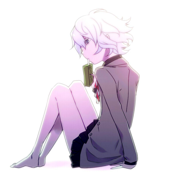 10s 1boy barefoot crossdressing crossdressing_(mtf) devil_survivor_(series) devil_survivor_2 grey_eyes hiromu_ps male_focus melancholy_man school_uniform sitting skirt solo trap white_hair