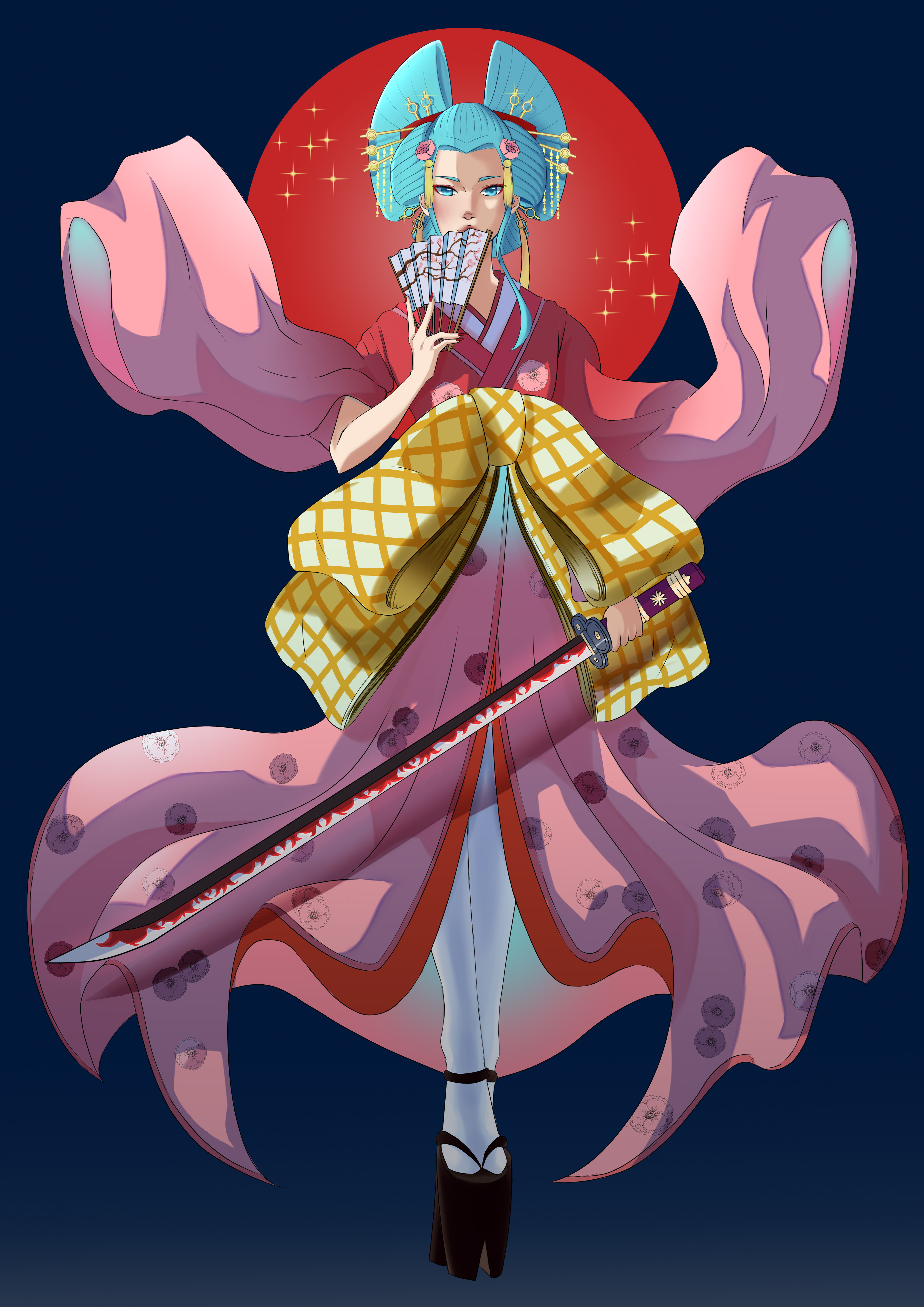 1girl absurdres aqua_eyes aqua_hair commentary flower full_body hair_flower hair_ornament hair_stick highres holding holding_sword holding_weapon japanese_clothes japanese_flag kasai_draws katana kimono kouzuki_hiyori looking_at_viewer nail_polish nihongami oiran one_piece pink_flower red_nails solo standing sword weapon