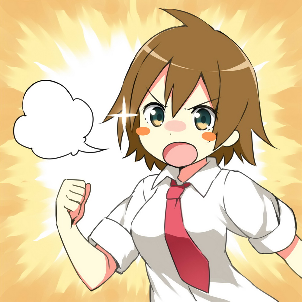 1girl blank_speech_bubble blush_stickers brown_background brown_hair clenched_hand collared_shirt dot_nose green_eyes looking_ahead moe_musume necktie open_mouth pixiv red_necktie redrawn shirt short_hair short_sleeves sky-freedom solo speech_bubble upper_body white_shirt