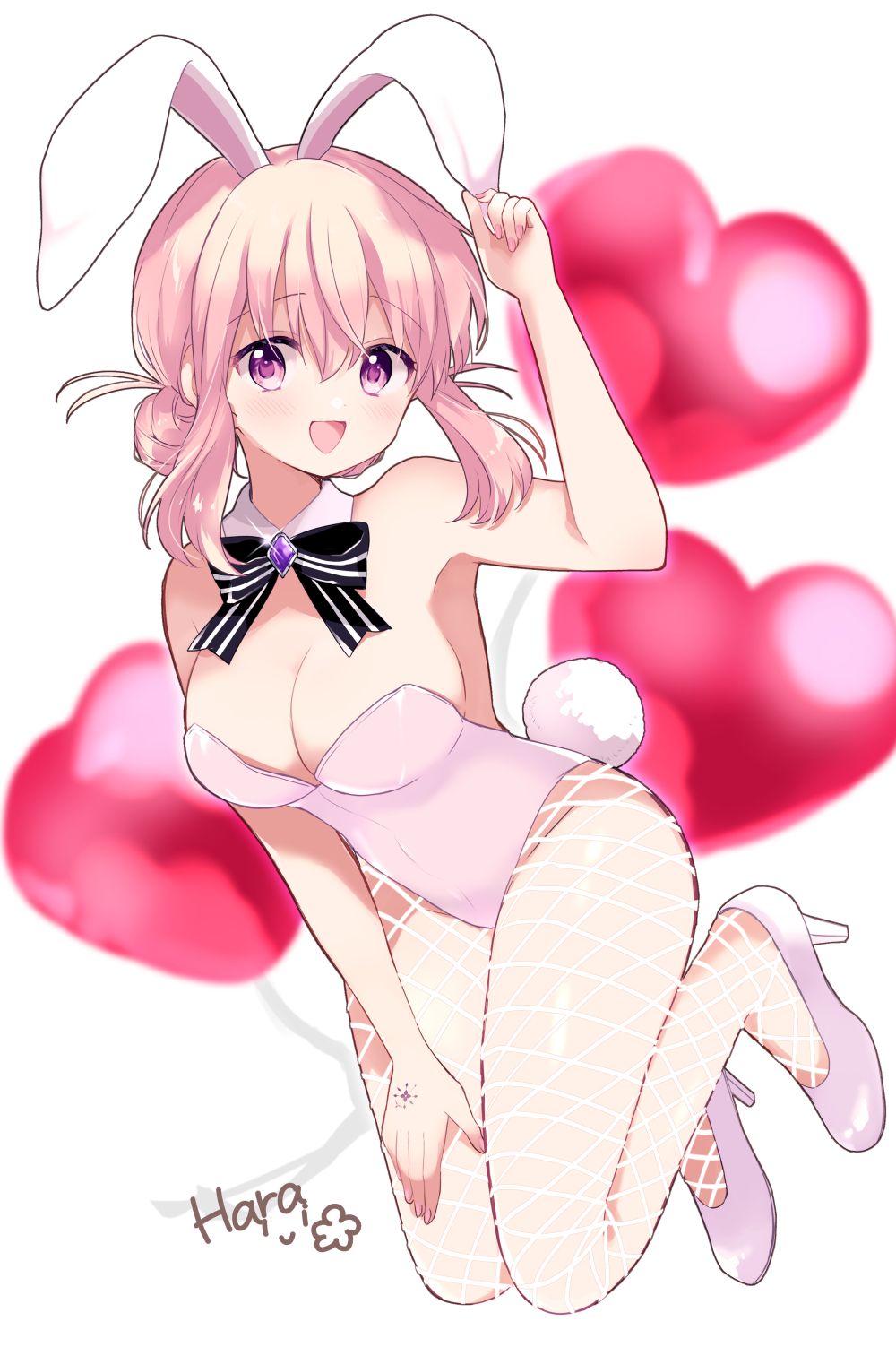 1girl artist_name balloon bare_arms bare_shoulders blonde_hair bow bowtie breasts cleavage commentary_request detached_collar fishnet_pantyhose fishnets floating_hair full_body hair_bun hand_on_headwear hand_on_lap hara_yui heart_balloon high_heels highres large_breasts leotard looking_at_viewer majo_wa_mangetsu_ni_saku minato_shima open_mouth pantyhose pink_leotard playboy_bunny purple_eyes rabbit rabbit_tail sidelocks simple_background smile solo striped_bow striped_bowtie striped_clothes tail white_background white_footwear
