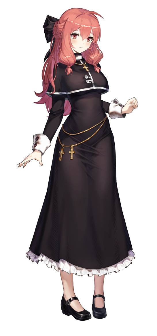 1girl ahoge black_capelet black_dress black_footwear black_ribbon blush breasts brown_dust_(series) brown_dust_2 capelet closed_mouth cross cross_necklace dress eyebrows_hidden_by_hair frilled_dress frills full_body hair_between_eyes hair_ribbon jewelry liberta_(brown_dust_2) liberta_(dark_saintess)_(brown_dust_2) light_blush light_frown long_hair looking_at_viewer medium_breasts necklace nun official_art orange_hair red_eyes ribbon second-party_source simple_background solo transparent_background underboob