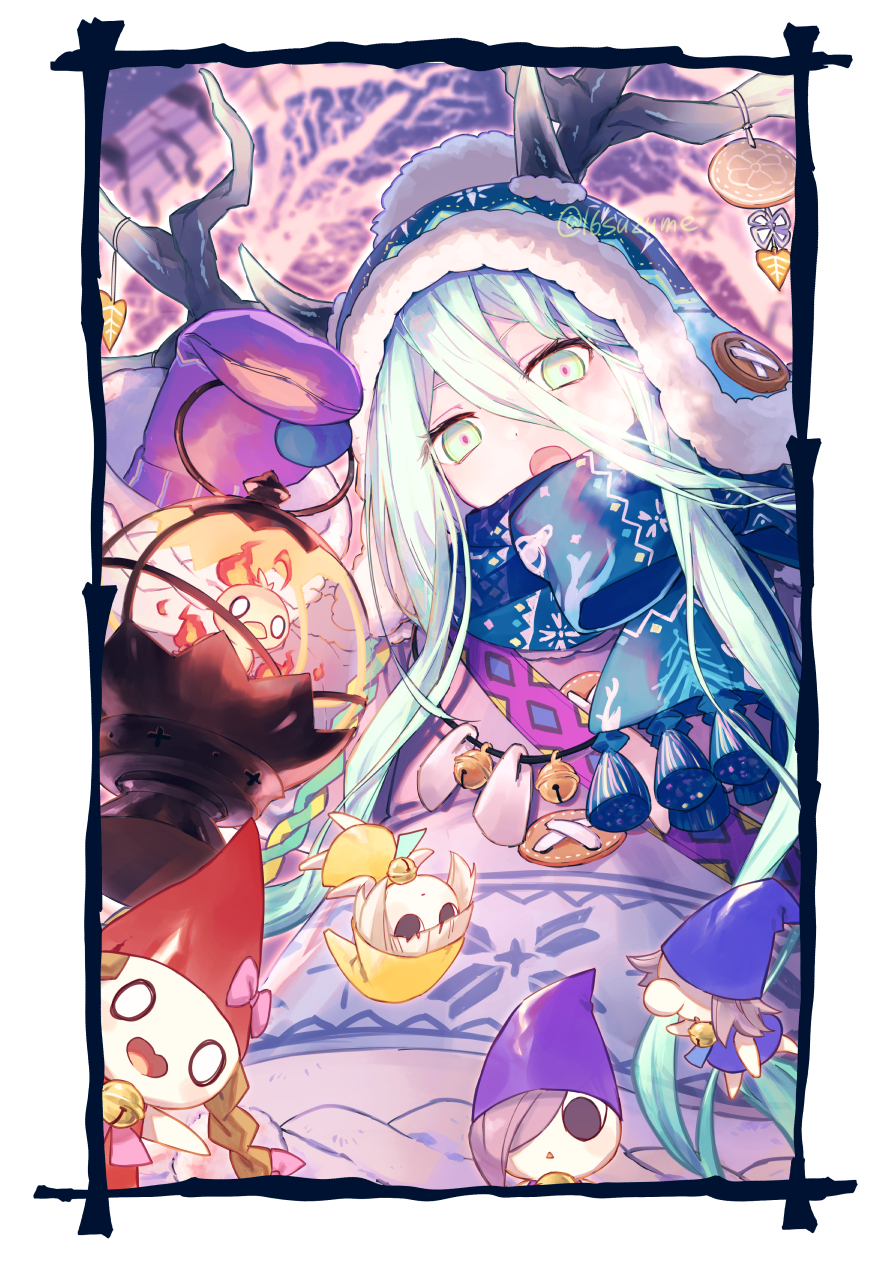 1girl antlers beanie bird blue_hat blue_scarf blush breasts fate/grand_order fate_(series) fire green_eyes green_hair hair_between_eyes hat highres horns lamp long_hair long_sleeves looking_at_viewer louhi_(fate) louhi_(second_ascension)_(fate) mittens open_mouth purple_mittens scarf small_breasts somemiya_suzume sweater tonttu_(fate) white_sweater