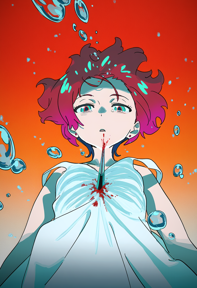 1girl amate_yuzuriha aqua_eyes blood commentary_request dress gradient_background gundam gundam_gquuuuuux okashi_please orange_background polearm red_background red_hair short_hair solo spear stab tearing_up weapon white_dress