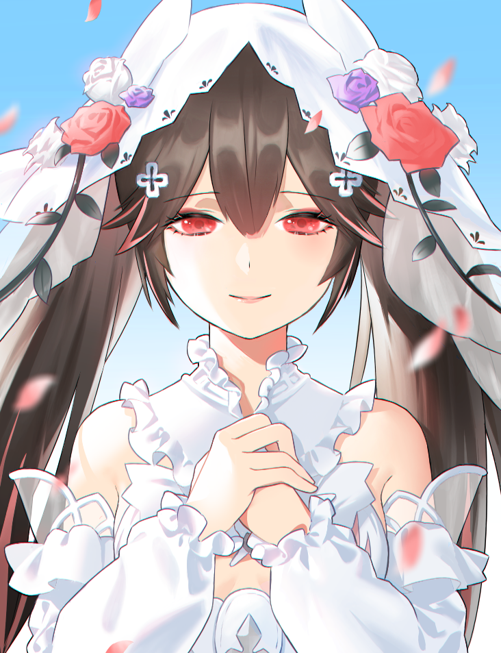 1girl bare_shoulders black_hair bridal_veil buchi_(tei_fujou) cross_hair_ornament flower hair_flower hair_ornament long_sleeves looking_at_viewer lucia:_pyroath_(wedding_dress)_(pgr) punishing:_gray_raven purple_flower purple_rose red_flower red_rose rose solo twintails veil white_flower white_rose white_veil