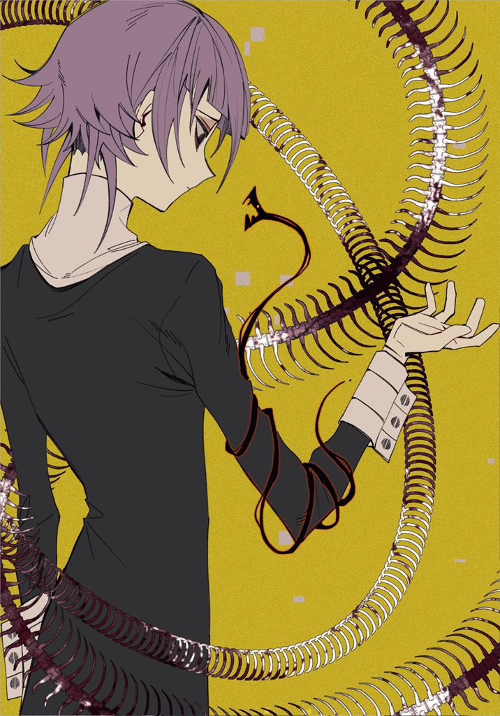 1other androgynous aynm010330 back bone colored_sclera commentary crona_(soul_eater) hand_up hashtag-only_commentary looking_at_creature other_focus pink_hair short_hair sleeve_cuffs solo soul_eater white_sleeve_cuffs yellow_background