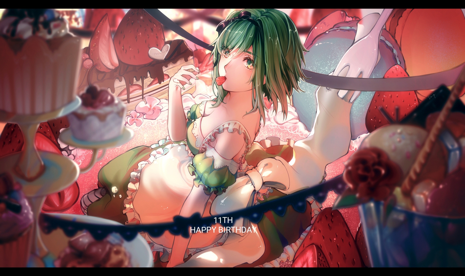 1girl apron birthday blurry blurry_foreground bow cake chocolate commentary cupcake dessert dress female_focus food food_in_mouth fork frilled_apron frills from_side fruit green_dress green_eyes green_hair green_sleeves gumi hair_bow happy_birthday ice_cream letterboxed looking_at_viewer mouth_hold oversized_food oversized_object sitting solo stepcacc strapless strapless_dress strawberry sweets tiered_tray vocaloid wafer_stick