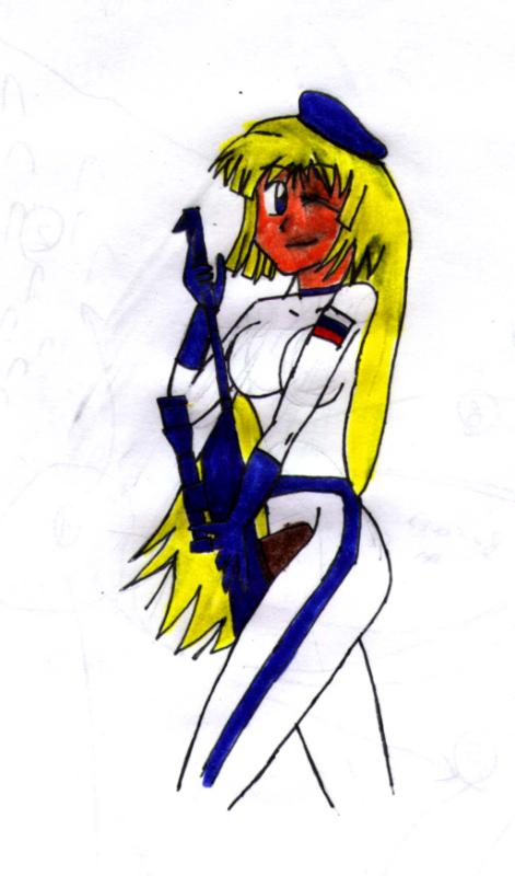 1girl beret blonde_hair gloves gun hand_drawn hat one_eye_closed rifle weapon wink