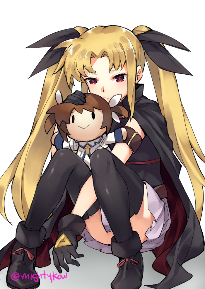 1girl arm_belt black_cape black_gloves black_leotard blonde_hair cape character_doll convenient_leg doll fate_testarossa fate_testarossa_(movie_1st_form) ge-b gloves hair_ribbon headpat hugging_doll hugging_object leotard lyrical_nanoha mahou_shoujo_lyrical_nanoha pleated_skirt red_cape red_eyes ribbon shoes sitting skirt smile takamachi_nanoha takamachi_nanoha_(movie_1st_mode) thighhighs twintails white_skirt