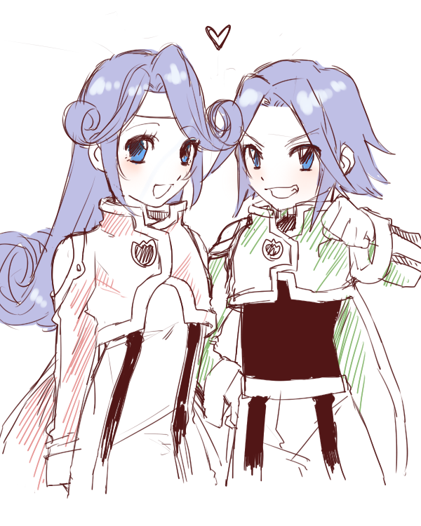 1boy 1girl blue_eyes blue_hair blush dio_(tales) dress grin headband heart jacket long_hair mel_(tales) open_mouth pants short_hair smile tales_of_(series) tales_of_phantasia:_narikiri_dungeon tales_of_phantasia:_narikiri_dungeon_x