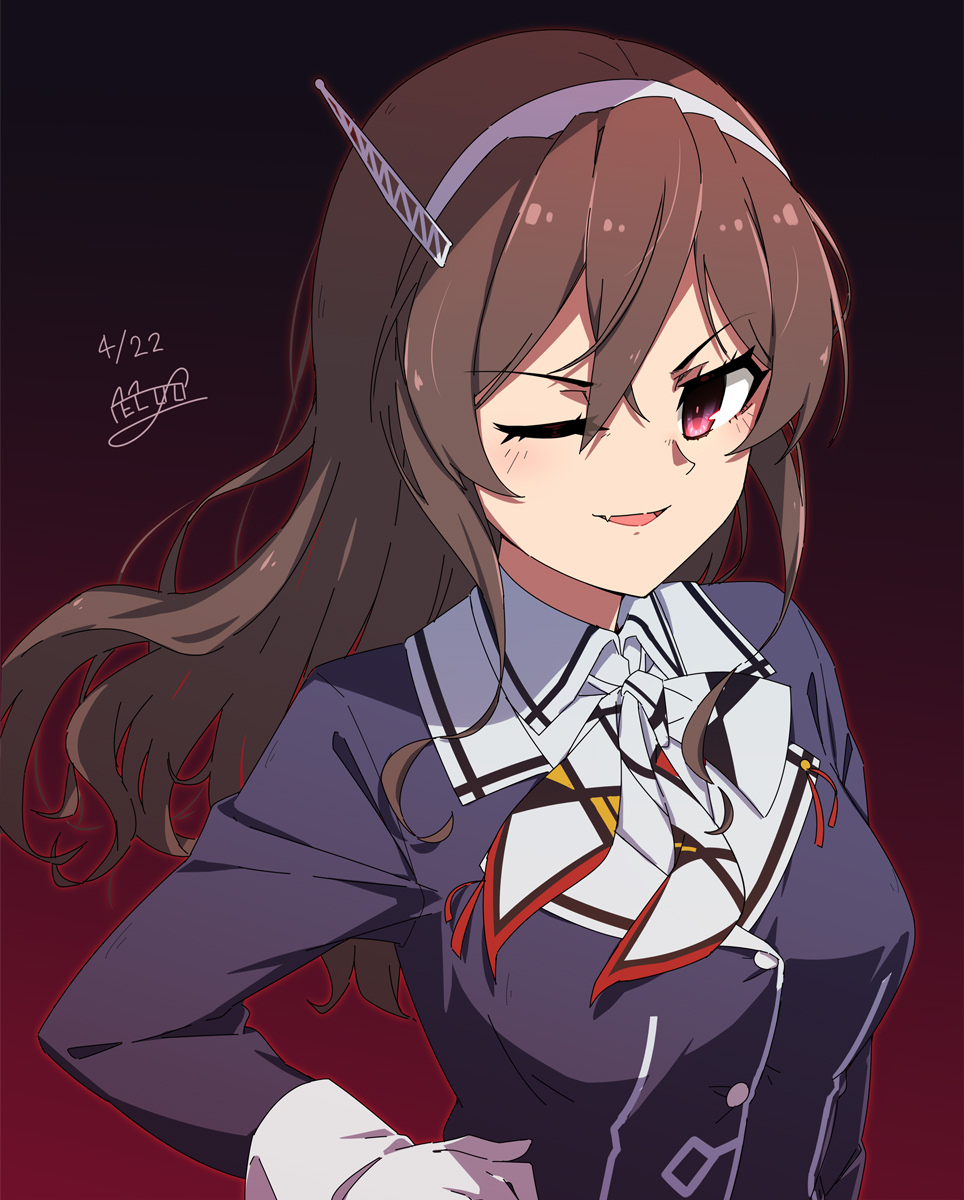 1girl ashigara_(kancolle) ashigara_kai_ni_(kancolle) black_background brown_hair dated fake_horns gloves gradient_background hairband highres horned_headwear horns jacket kantai_collection long_hair military_uniform multicolored_neckerchief neckerchief necono_(nekonosora1207) one_eye_closed print_neckerchief purple_jacket signature smile solo upper_body wavy_hair white_gloves white_hairband