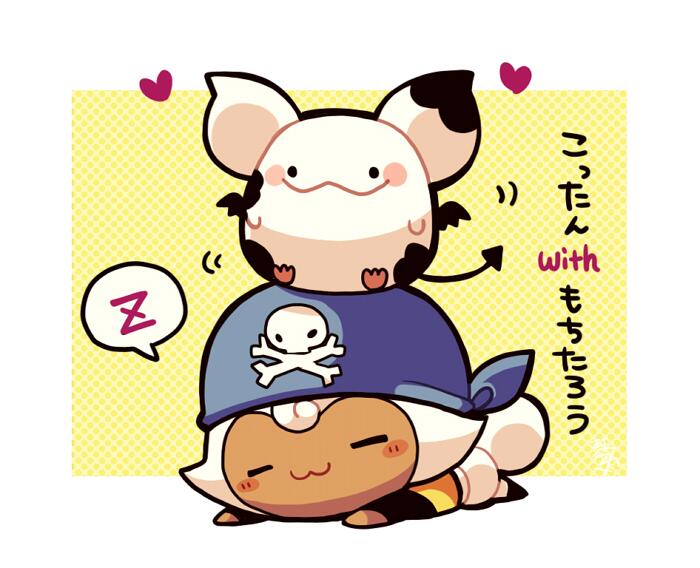 1girl :3 bandana blue_bandana blush_stickers chibi chibi_only closed_eyes closed_mouth dragon_quest dragon_quest_x full_body heart kotorai on_head puklipo skull_and_crossbones sleeping solo spoken_zzz translation_request zzz
