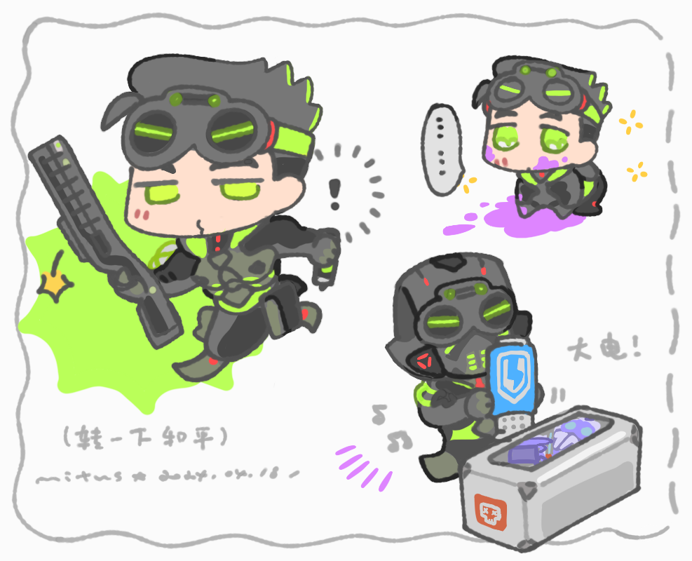 ! ... 1boy animification apex_legends arachnoid_rush_octane battery biohazard_octane black_bodysuit black_hair bodysuit death_box_(apex_legends) goggles goggles_on_head green_eyes gun helmet holding holding_gun holding_weapon looking_at_viewer male_focus mitus musical_note octane_(apex_legends) official_alternate_costume paint_splatter shotgun translation_request weapon white_background