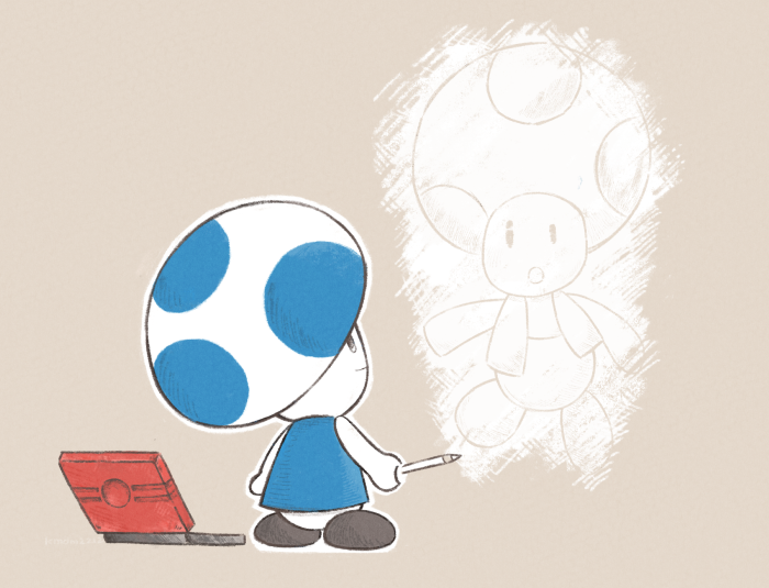 black_eyes black_shoes blue_toad_(mario) blue_vest colored_pencil colored_pencils_(paper_mario) commentary_request dama8457 drawing_(object) from_behind grey_background holding holding_pencil mario_(series) nintendo no_humans outline paper paper_mario paper_mario:_the_origami_king pencil shoes simple_background solid_oval_eyes standing vest white_outline