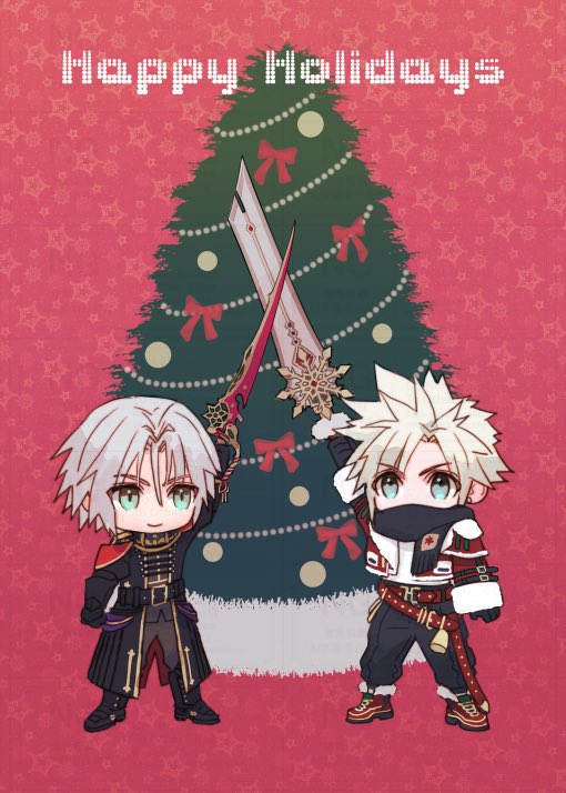 2boys aqua_eyes belt black_boots black_gloves black_jacket black_pants black_scarf blonde_hair boots chibi christmas_tree cloud_strife cloud_strife_(holiday_outfit) coat cropped_jacket crossed_swords earrings final_fantasy final_fantasy_vii final_fantasy_vii_ever_crisis gloves gold_trim grey_hair hair_between_eyes happy_holidays holding holding_sword holding_weapon jacket jewelry komm_ec_7 male_focus multiple_belts multiple_boys official_alternate_costume pants parted_bangs red_background red_belt red_boots red_coat scarf sephiroth sephiroth_(ever_crisis) sephiroth_(shinra_formal_uniform) short_hair single_earring slit_pupils smile spiked_hair sweater sword weapon white_sweater
