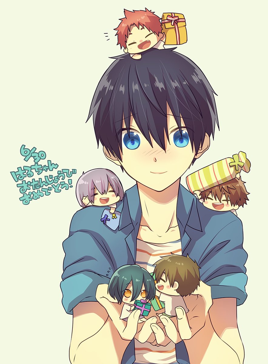 6+boys blush chibi gift happy_birthday high_speed! highres kirishima_ikuya kirishima_natsuya male_focus memeo_(candy_house) multiple_boys nanase_haruka_(free!) serizawa_nao shiina_asahi tachibana_makoto text_focus
