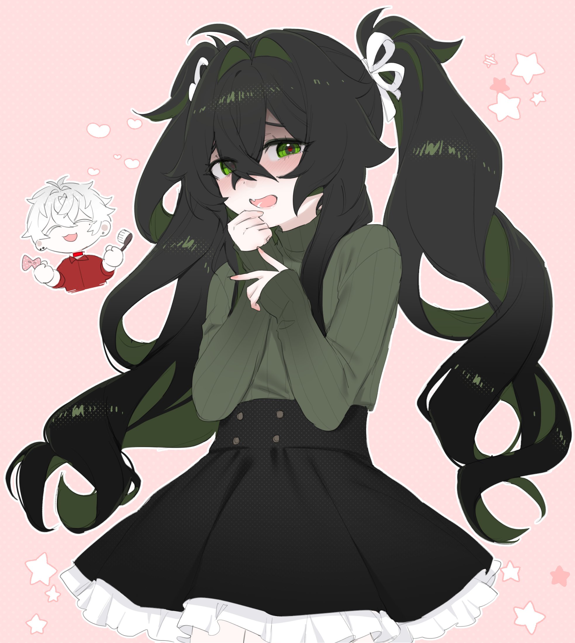 1boy 1girl black_hair black_skirt closed_eyes commentary crossed_bangs degrees_of_lewdity frilled_skirt frills green_eyes green_hair green_sweater hair_between_eyes hair_intakes hair_ribbon highres kai_(drakkai10) kylar_(degrees_of_lewdity) kylar_(female)_(degrees_of_lewdity) long_hair long_sleeves looking_at_viewer mole mole_under_eye open_mouth pale_skin pink_background ribbon skirt sleeves_past_wrists star_(symbol) sweater symbol-only_commentary turtleneck turtleneck_sweater twintails very_long_hair white_ribbon whitney_(degrees_of_lewdity) whitney_(male)_(degrees_of_lewdity)