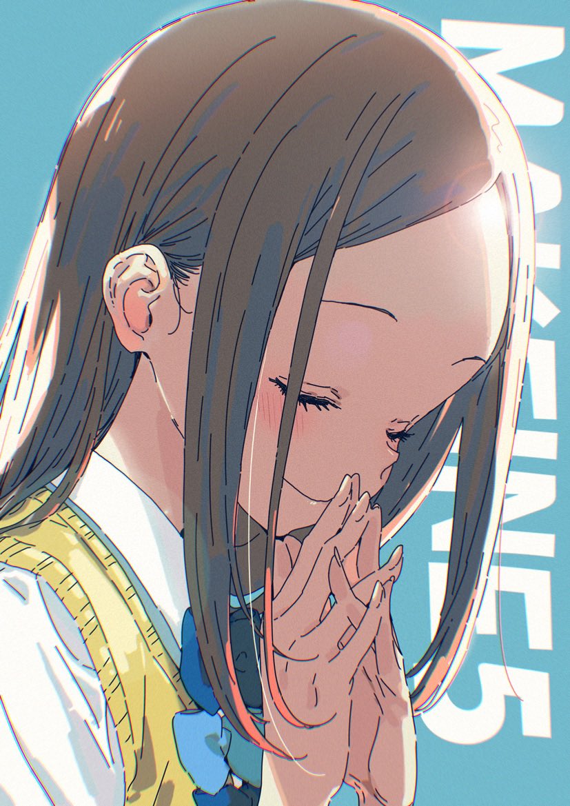 1girl asagumo_chihaya blue_bow blue_bowtie blush bow bowtie brown_hair closed_eyes closed_mouth forehead imigimuru interlocked_fingers large_forehead long_hair make_heroine_ga_oo_sugiru! parted_bangs praying school_uniform shiny_forehead shiny_skin simple_background smile solo
