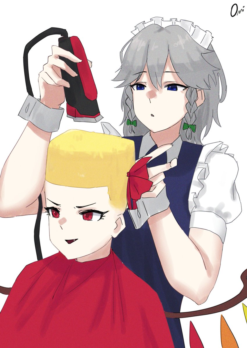 2girls apron barber barber_cape blonde_hair blue_eyes choso_giving_toudou_a_haircut_(meme) cowboy_shot cutting_another&#039;s_hair cutting_hair fade_(haircut) fang flandre_scarlet grey_hair highres izayoi_sakuya long_hair maid maid_apron maid_headdress meme multiple_girls omikami open_mouth red_eyes red_ribbon ribbon short_hair simple_background touhou white_background