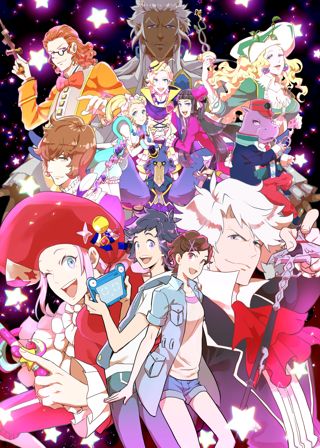 4girls 6+boys animal antonin_dvorak_(classicaloid) ascot bird black_hair blonde_hair blue_coat blue_eyes blue_eyeshadow bow bowtie breasts brown_hair classicaloid closed_mouth clothed_animal coat collarbone dark-skinned_male dark_skin earrings eyeshadow franz_liszt_(classicaloid) franz_schubert_(classicaloid) frederic_chopin_(classicaloid) green_shirt grey_hair hasshii_(classicaloid) hat heart heart_hands heart_hands_duo highres hippopotamus holding holding_baton holding_tablet_pc jewelry johann_sebastian_bach_(classicaloid) kagura_sousuke large_breasts long_hair ludwig_van_beethoven_(classicaloid) makeup melchan multiple_boys multiple_girls one_eye_closed open_mouth orange_bow orange_bowtie orange_coat otowa_kanae pad-kun_(classicaloid) pink_hair pink_hat pyotr_illyich_tchaikovsky_(classicaloid) red_ascot red_hat red_shirt richard_wagner_(classicaloid) shirt shoebill short_hair short_shorts shorts sparkle star_(symbol) tablet_pc tekla_badarzewska-baranowska_(classicaloid) white_ascot white_hair white_hat white_shirt wolfgang_amadeus_mozart_(classicaloid) yellow_hat