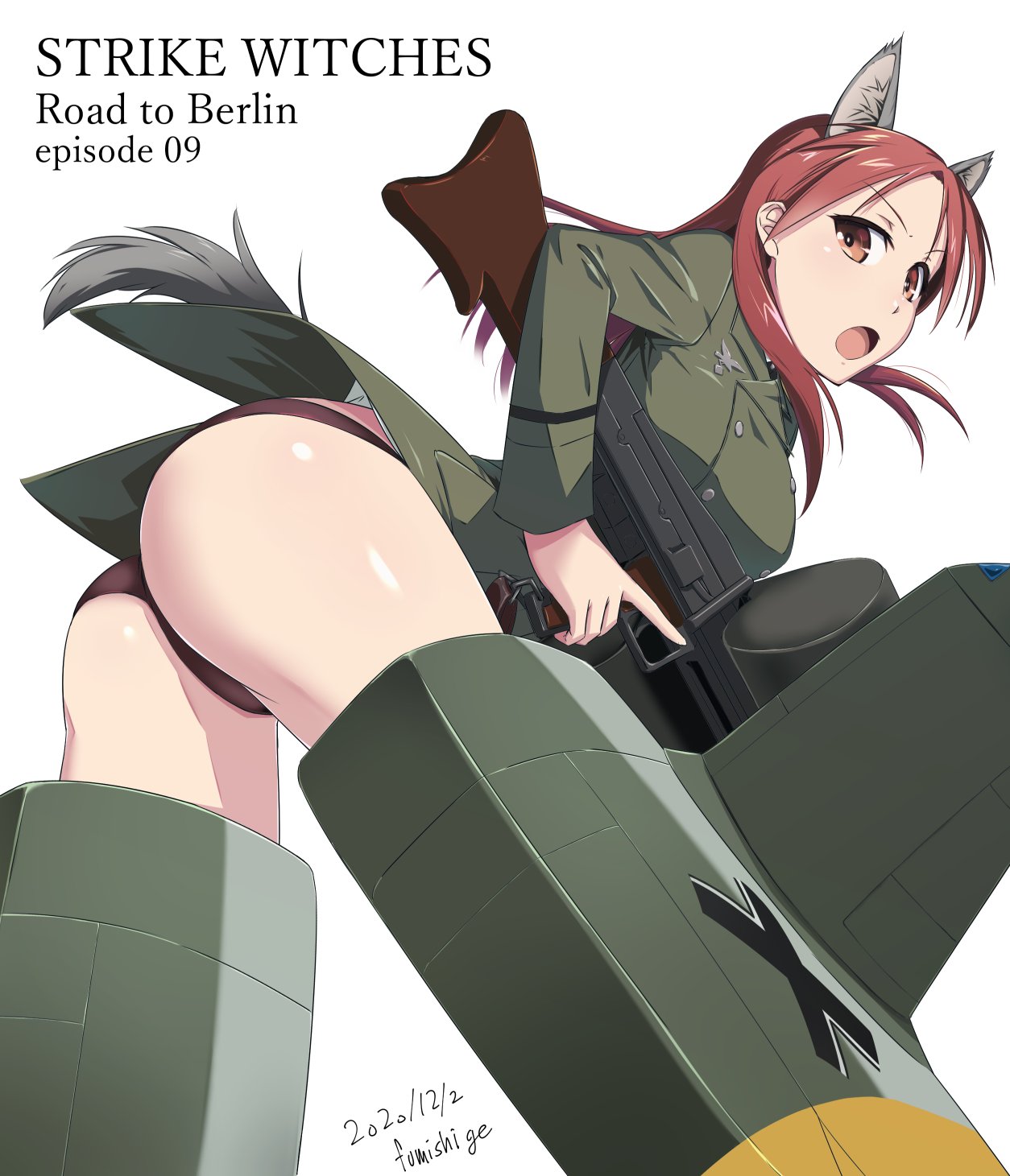 1girl animal_ears ass copyright_name dated double-drum_magazine drum_magazine fumishige machine_gun gun high-capacity_magazine highres looking_at_viewer machine_gun magazine_(weapon) mg42 minna-dietlinde_wilcke no_pants open_mouth orange_eyes panties purple_panties red_hair saddle-drum simple_background solo strike_witches striker_unit thighs underwear weapon white_background world_witches_series