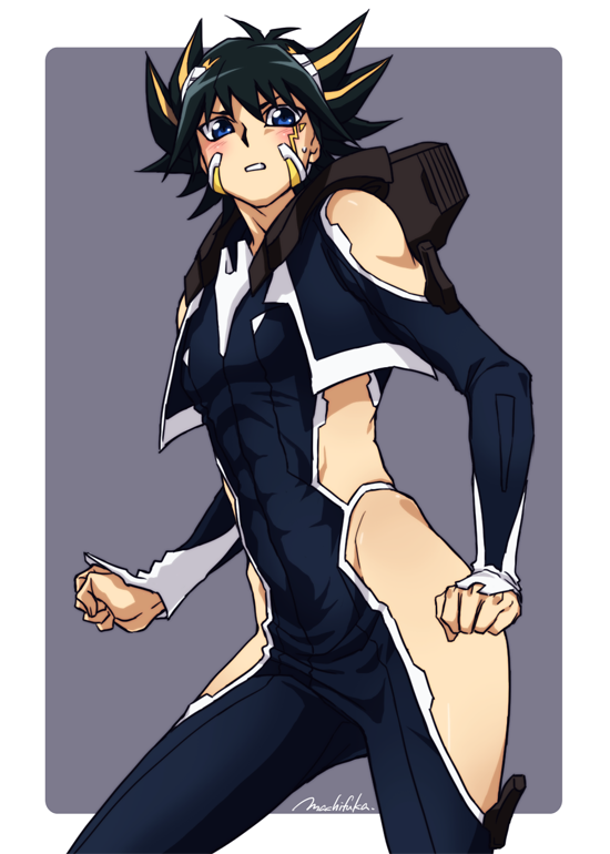 1boy artist_name bare_shoulders black_hair blue_eyes bodysuit clenched_hands cosplay deepstrait facial_mark fudo_yusei machi_fuka male_focus mecha_pilot_suit multicolored_hair signature skin_tight skindentation solo soukyuu_no_fafner streaked_hair synergetic_suit yu-gi-oh! yu-gi-oh!_5d&#039;s