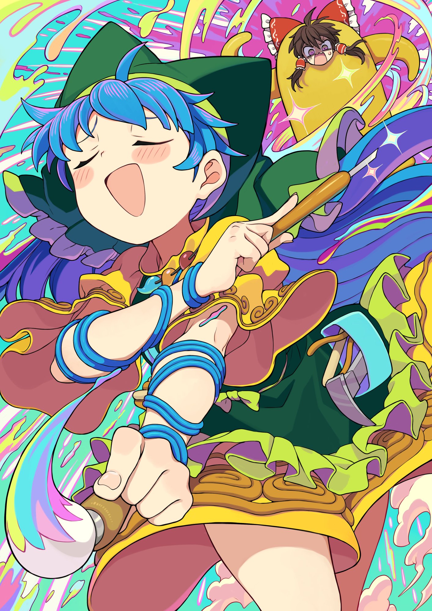 2girls :d apron arm_ribbon blue_hair blue_ribbon blush_stickers bow brown_hair closed_eyes commentary_request dress frilled_bow frills green_apron green_headscarf hair_bow hair_tubes hakurei_reimu haniyasushin_keiki headscarf highres holding holding_paintbrush jewelry long_hair magatama magatama_necklace morino_hon multiple_girls necklace open_mouth paintbrush red_bow ribbon smile touhou touhou_danmaku_kagura wood_carving_tool yellow_dress