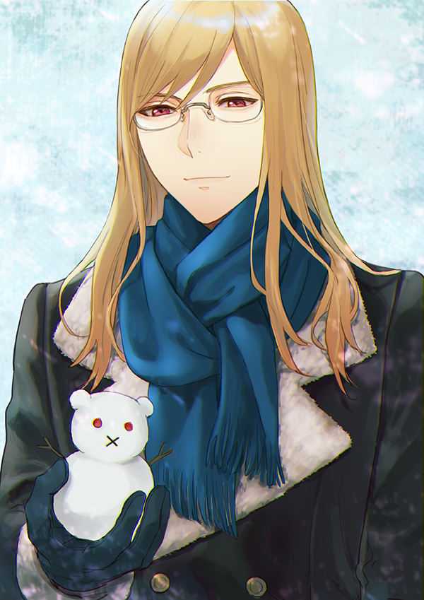 1boy black_coat black_gloves blonde_hair blue_scarf closed_mouth coat commentary_request fur-trimmed_gloves fur_trim glasses gloves holding isa_(peien516) jade_curtiss lapels long_hair looking_at_object male_focus notched_lapels parted_bangs red_eyes rimless_eyewear scarf smile snow_animal solo tales_of_(series) tales_of_the_abyss white_fur