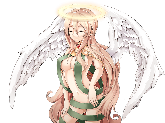 1girl angel angel_wings blonde_hair blue_eyes breasts closed_eyes closed_mouth feathered_wings frfr game_cg green_ribbon hair_between_eyes halo large_breasts light_smile long_hair micaela_(mon-musu_quest!) mon-musu_quest! mon-musu_quest:_paradox naked_ribbon navel nose pointy_ears ribbon solo variant_set very_long_hair wings yellow_halo