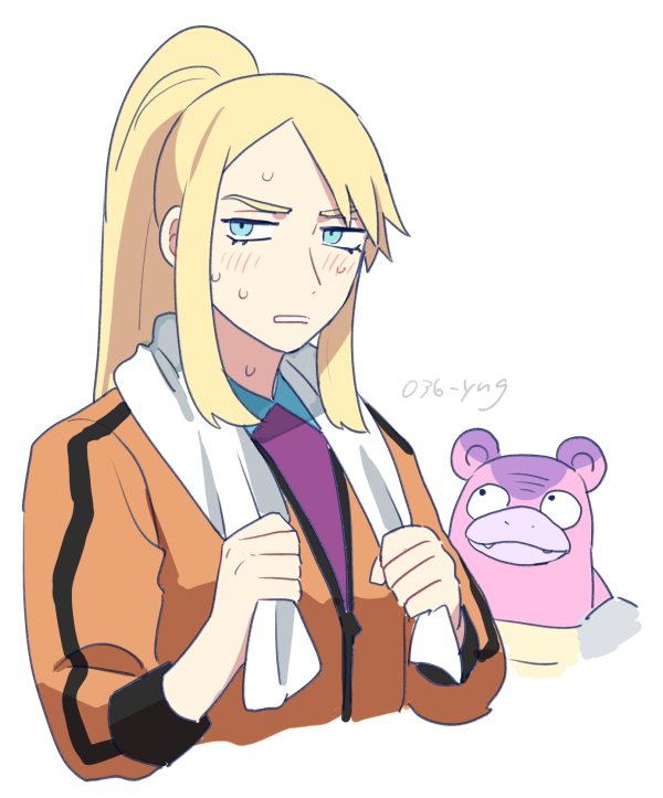 1boy aqua_eyes avery_(pokemon) blonde_hair blush collared_shirt commentary_request galarian_slowbro holding holding_towel jacket long_hair male_focus nintendo orange_jacket parted_bangs parted_lips pokemon pokemon_(creature) pokemon_swsh ponytail purple_shirt shirt sidelocks simple_background sweat towel towel_around_neck twitter_username white_background y_(036_yng)