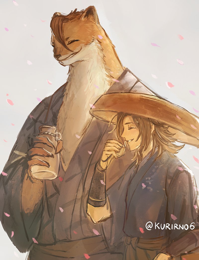 2boys ^_^ animal_ears artist_name blue_kimono bottle bridal_gauntlets brown_hair brown_hakama brown_hat brown_sash choko_(cup) closed_eyes cup falling_petals furry furry_male genshin_impact grey_background hakama hand_up hat holding holding_cup japanese_clothes kamai_kenji kimono kurirno6 long_sleeves male_focus medium_hair multiple_boys obi parted_bangs parted_lips petals sandogasa sash short_sleeves simple_background smile tokkuri twitter_username water_bottle weasel_boy weasel_ears wide_sleeves yanagibashi_takuto