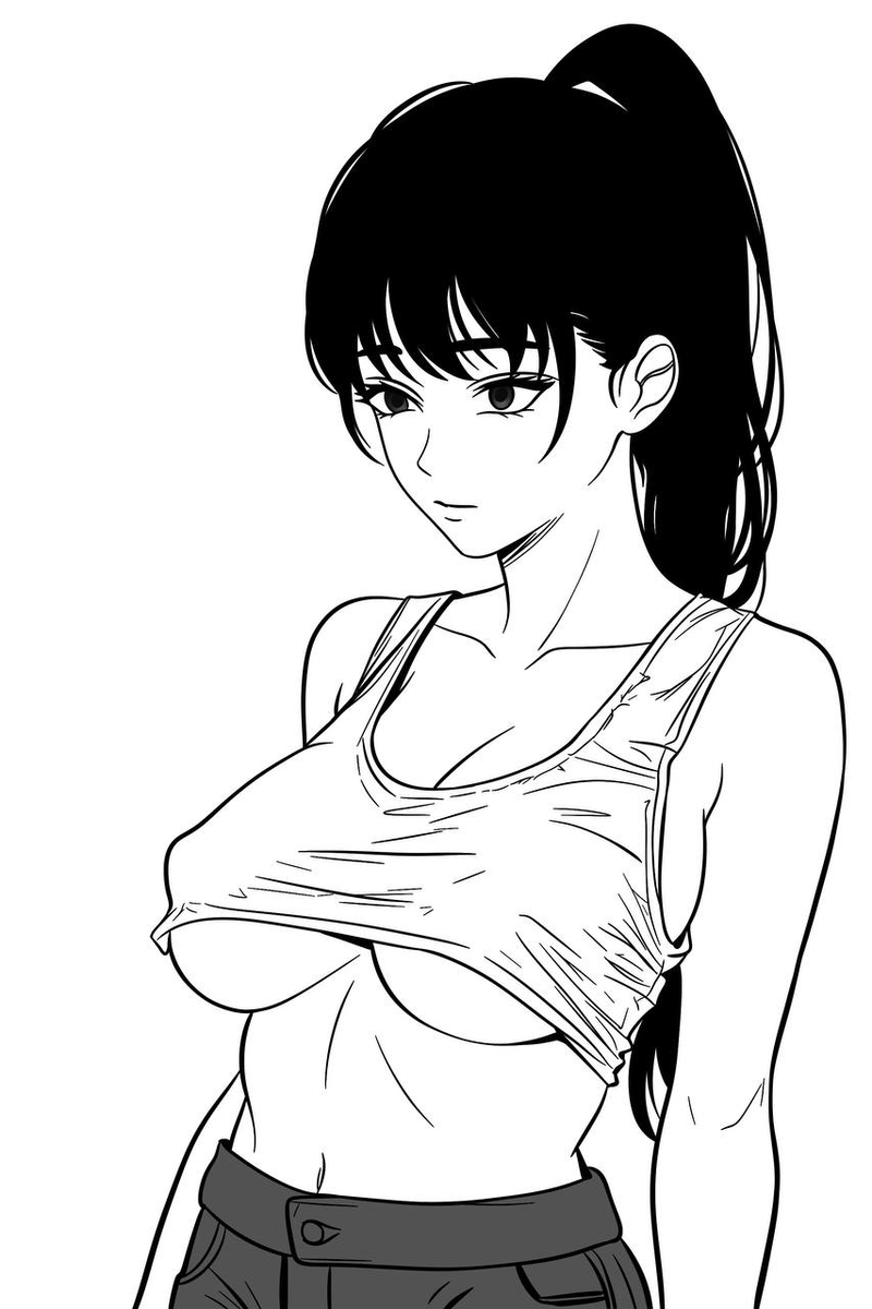 1girl black_eyes black_hair breasts chainsaw_man highres mitaka_asa monochrome mordredpenx navel underboob