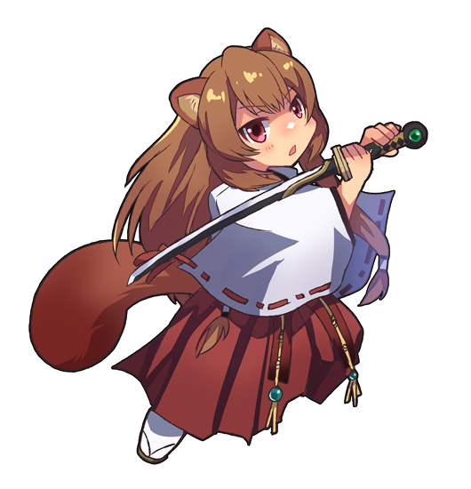 1girl animal_ear_fluff animal_ears brown_hair chibi commentary_request emon-yu geta hakama hakama_skirt holding holding_sword holding_weapon japanese_clothes katana kosode light_blush long_sleeves looking_at_viewer miko official_alternate_costume open_mouth raccoon_ears raccoon_girl raccoon_tail raphtalia red_eyes red_hakama red_ribbon red_skirt ribbon ribbon-trimmed_sleeves ribbon_trim simple_background skirt socks solo sword tabi tail tate_no_yuusha_no_nariagari transparent_background weapon white_kosode white_socks wide_sleeves